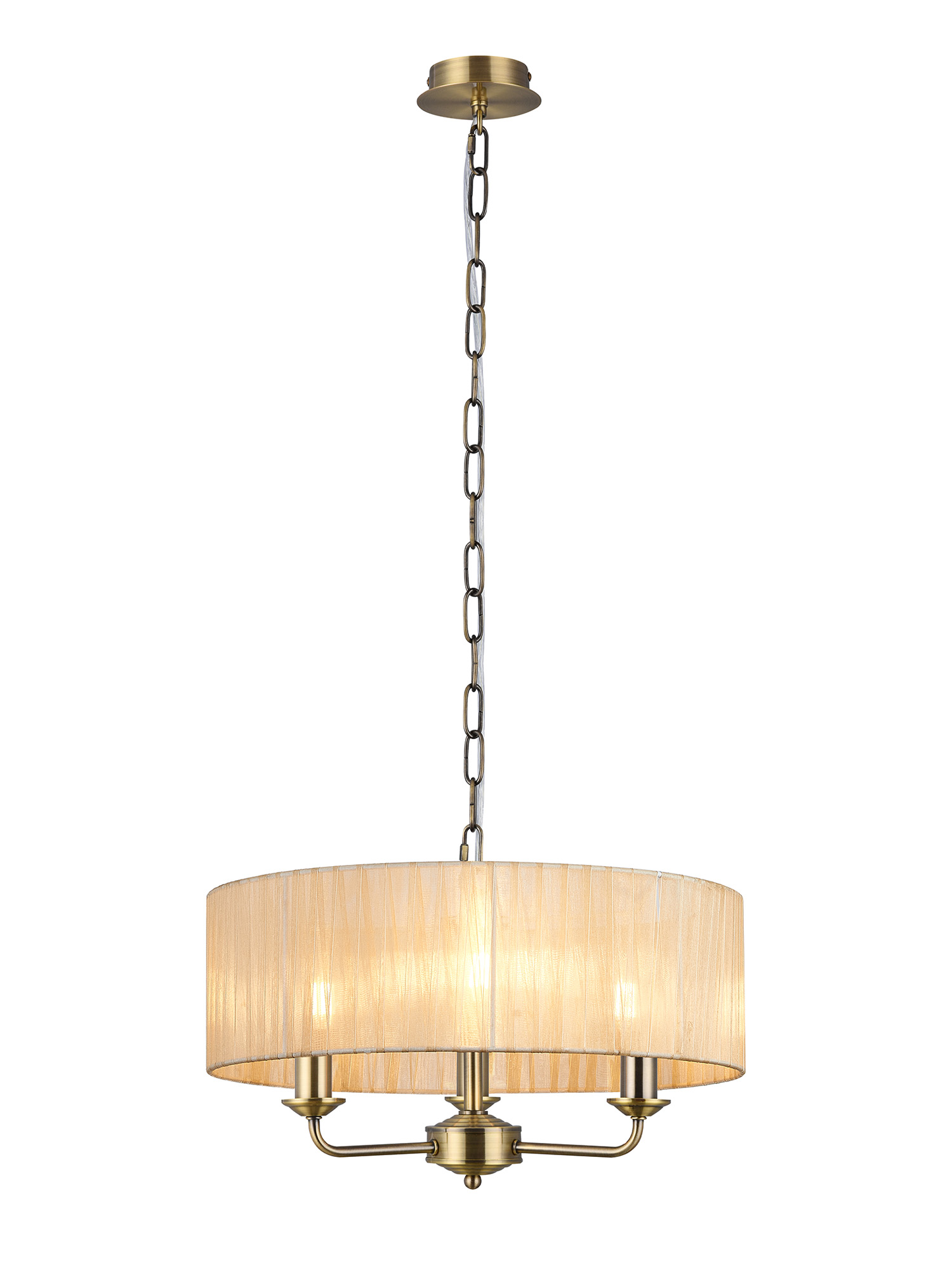 DK0869  Banyan 3 Light Multi Arm Pendant With 45cm x 15cm Organza Shade Antique Brass/Soft Bronze